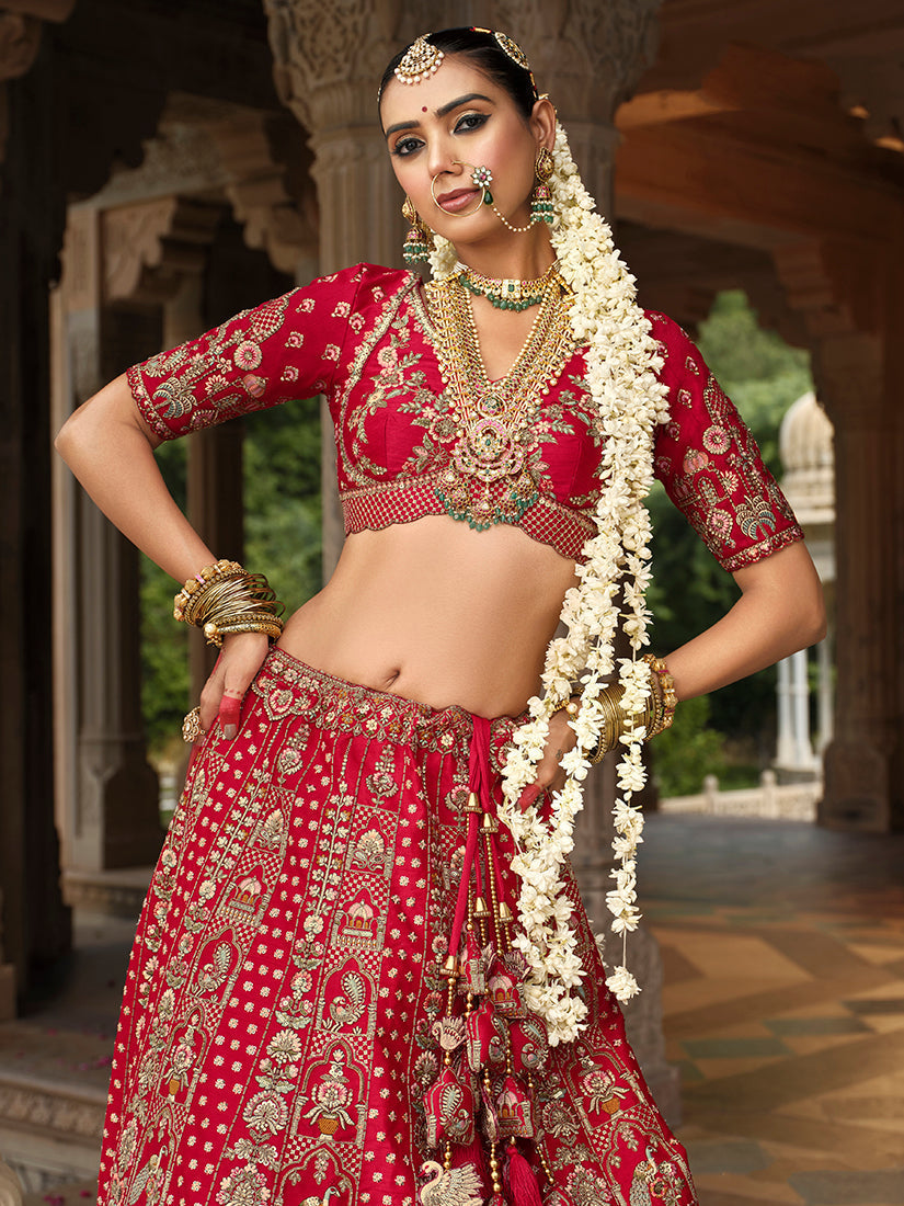 Monjolika Fashion Red Khatli Embroidered Silk Blend Bridal Lehenga Choli 