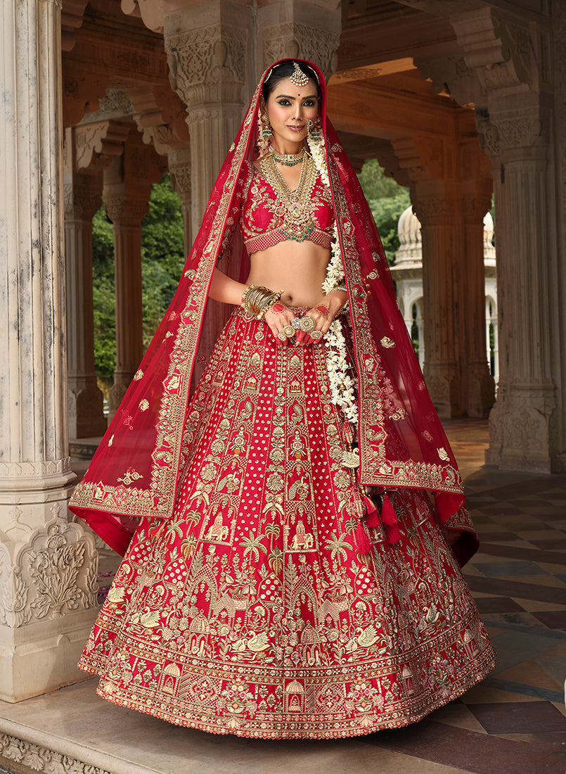 Monjolika Fashion Red Khatli Embroidered Silk Blend Bridal Lehenga Choli 