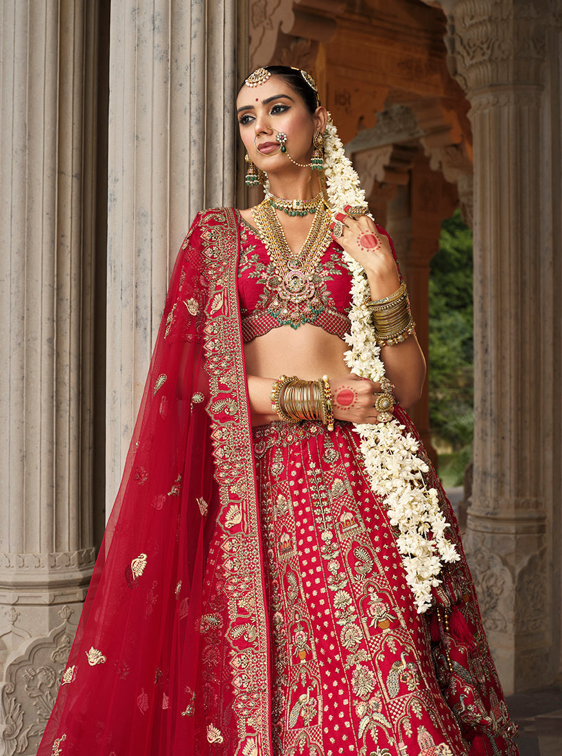 Monjolika Fashion Red Khatli Embroidered Silk Blend Bridal Lehenga Choli 