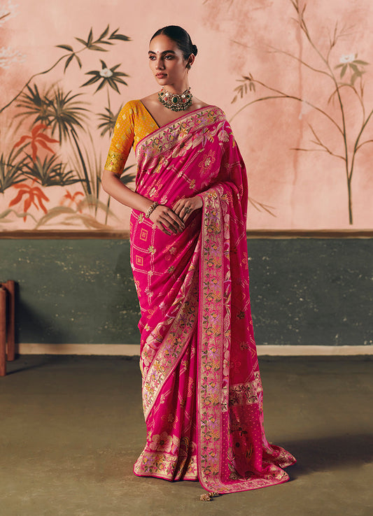 Monjolika Fashion Rani Pink Bandhej Weaving Work Faux Khadi Georgette Saree