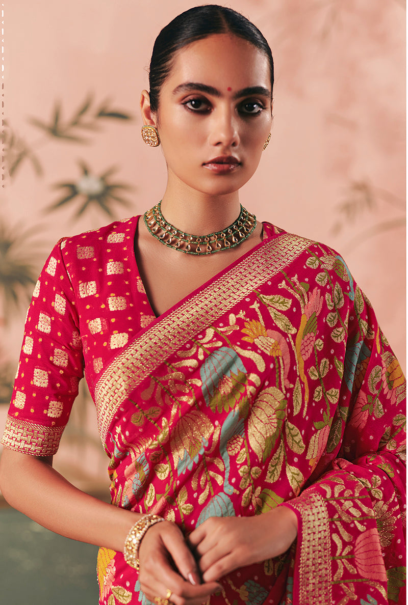 Monjolika Fashion Rani Pink Bandhej Weaving Work Faux Khadi Georgette Saree