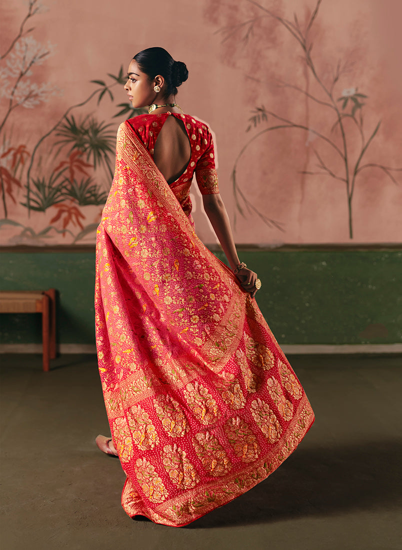 Monjolika Fashion Gajri Pink Bandhej Weaving Work Faux Khadi Georgette Saree
