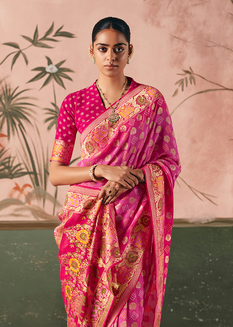 Monjolika Fashion Pink Bandhej Weaving Work Faux Khadi Georgette Saree