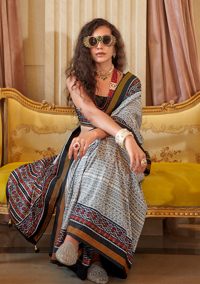 Monjolika Fashion Grey Printed Silk Blend Party Contemporary Saree