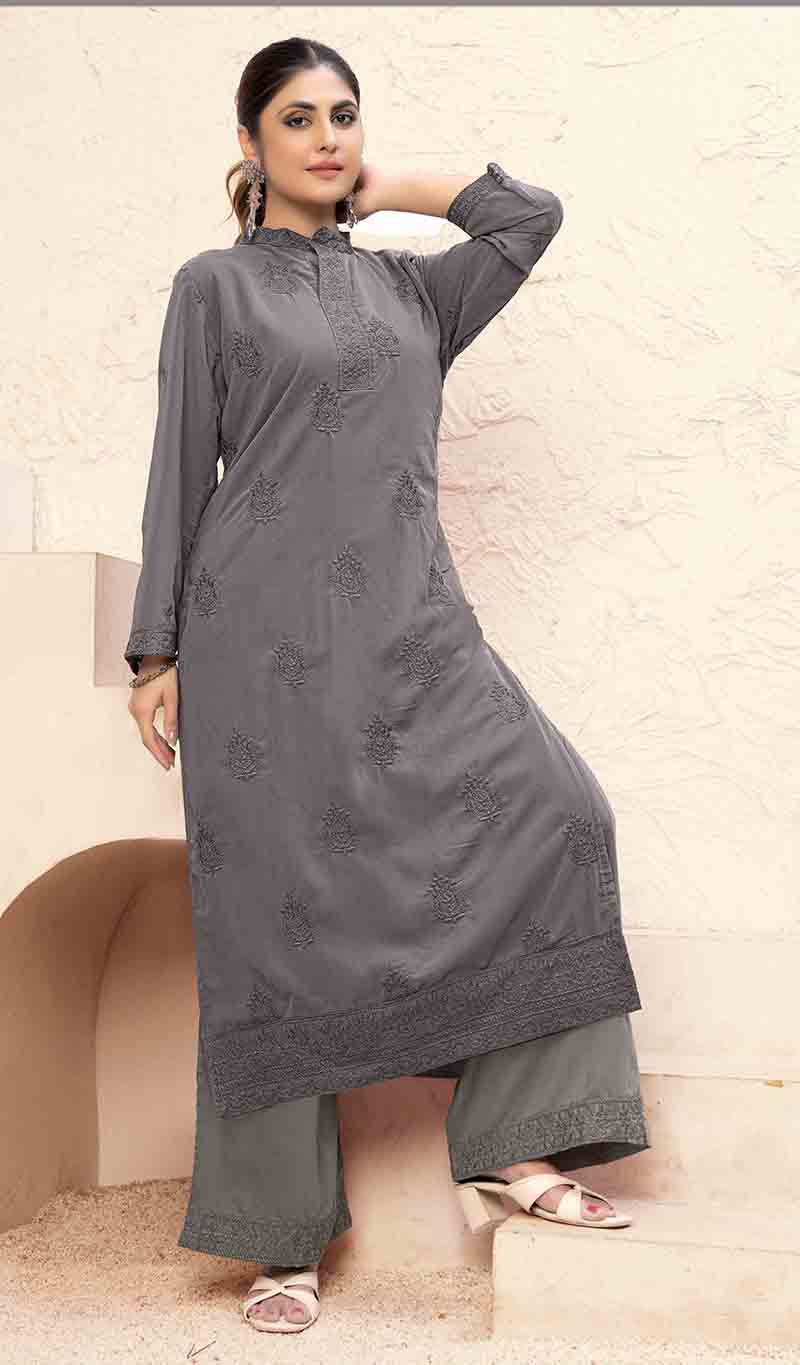 Monjolika Fashion Grey Georgette Embroidered Work Party Pant Style Suit