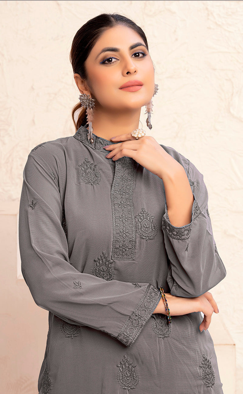 Monjolika Fashion Grey Georgette Embroidered Work Party Pant Style Suit
