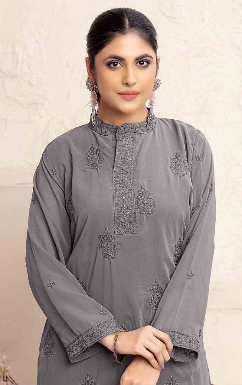 Monjolika Fashion Grey Georgette Embroidered Work Party Pant Style Suit