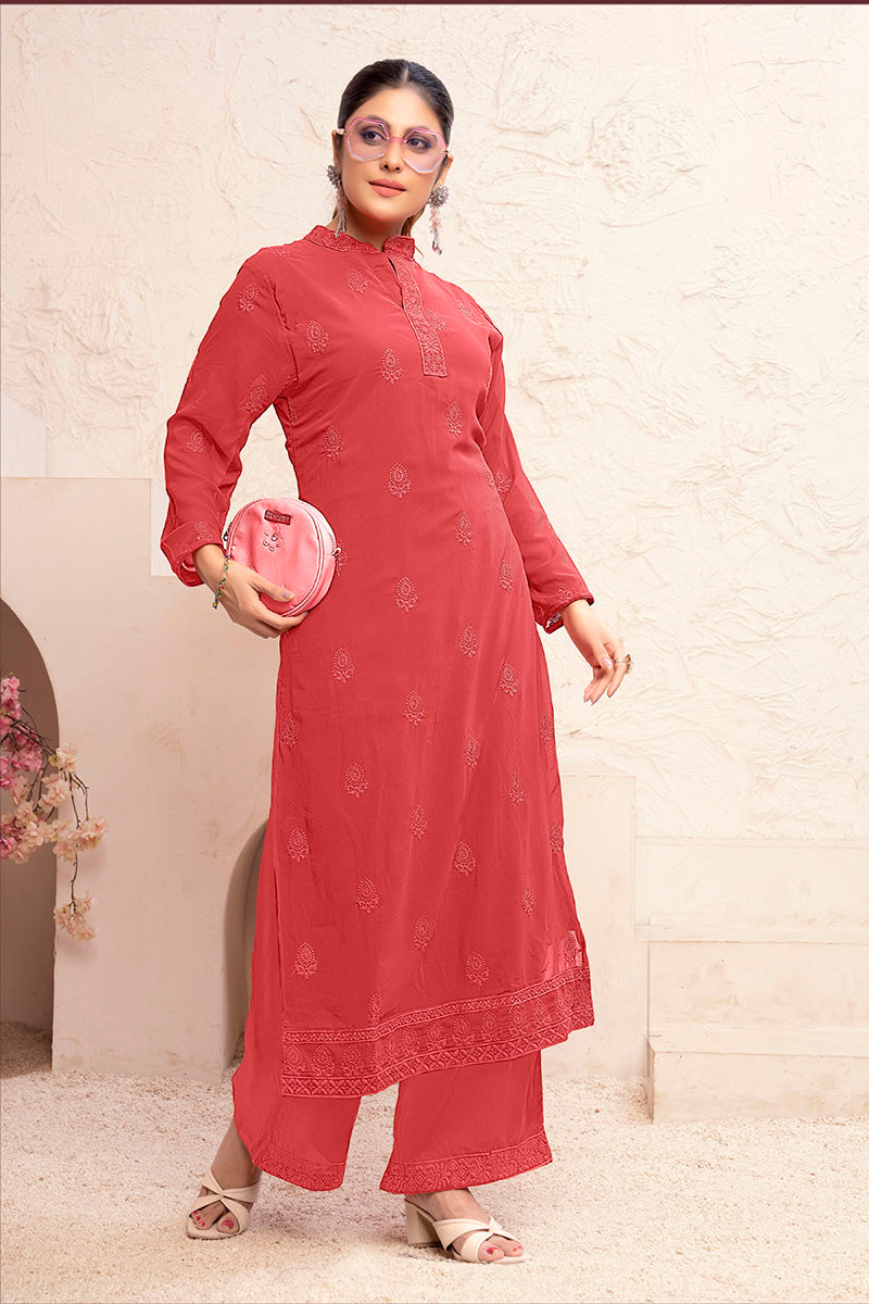 Monjolika Fashion Light Red Georgette Embroidered Work Party Pant Style Suit