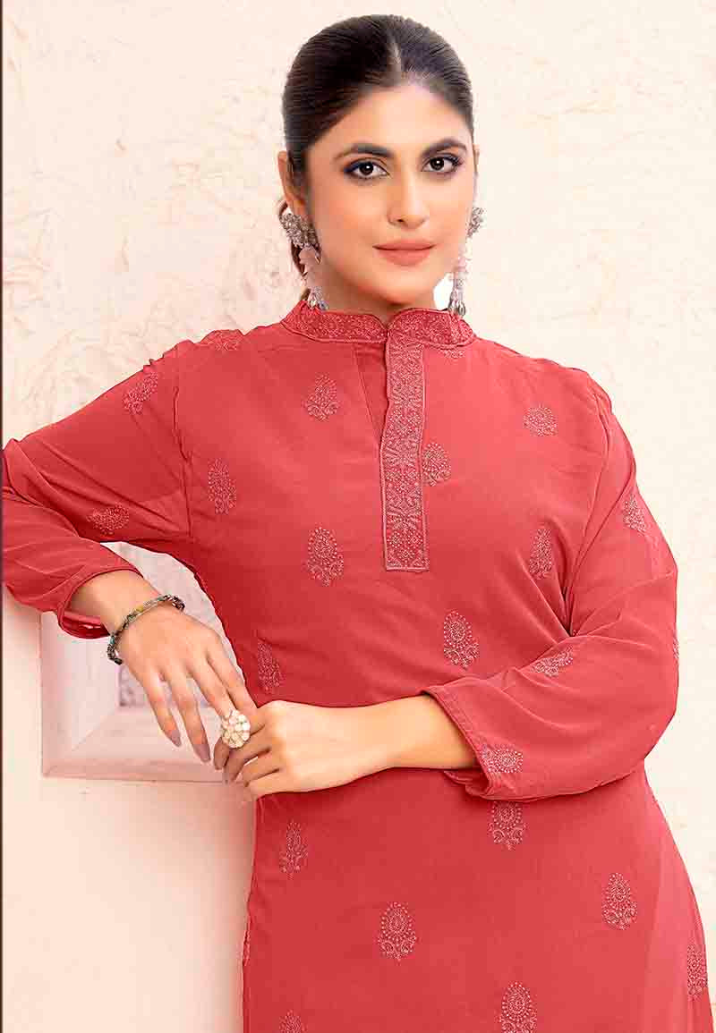 Monjolika Fashion Light Red Georgette Embroidered Work Party Pant Style Suit