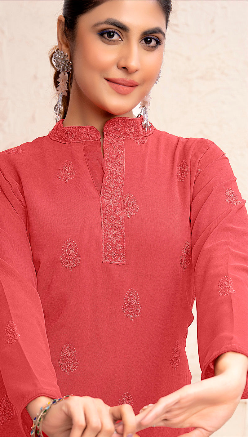 Monjolika Fashion Light Red Georgette Embroidered Work Party Pant Style Suit
