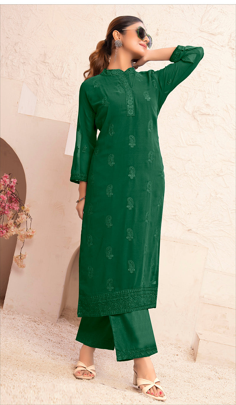 Monjolika Fashion Dark Green Georgette Embroidered Work Party Pant Style Suit