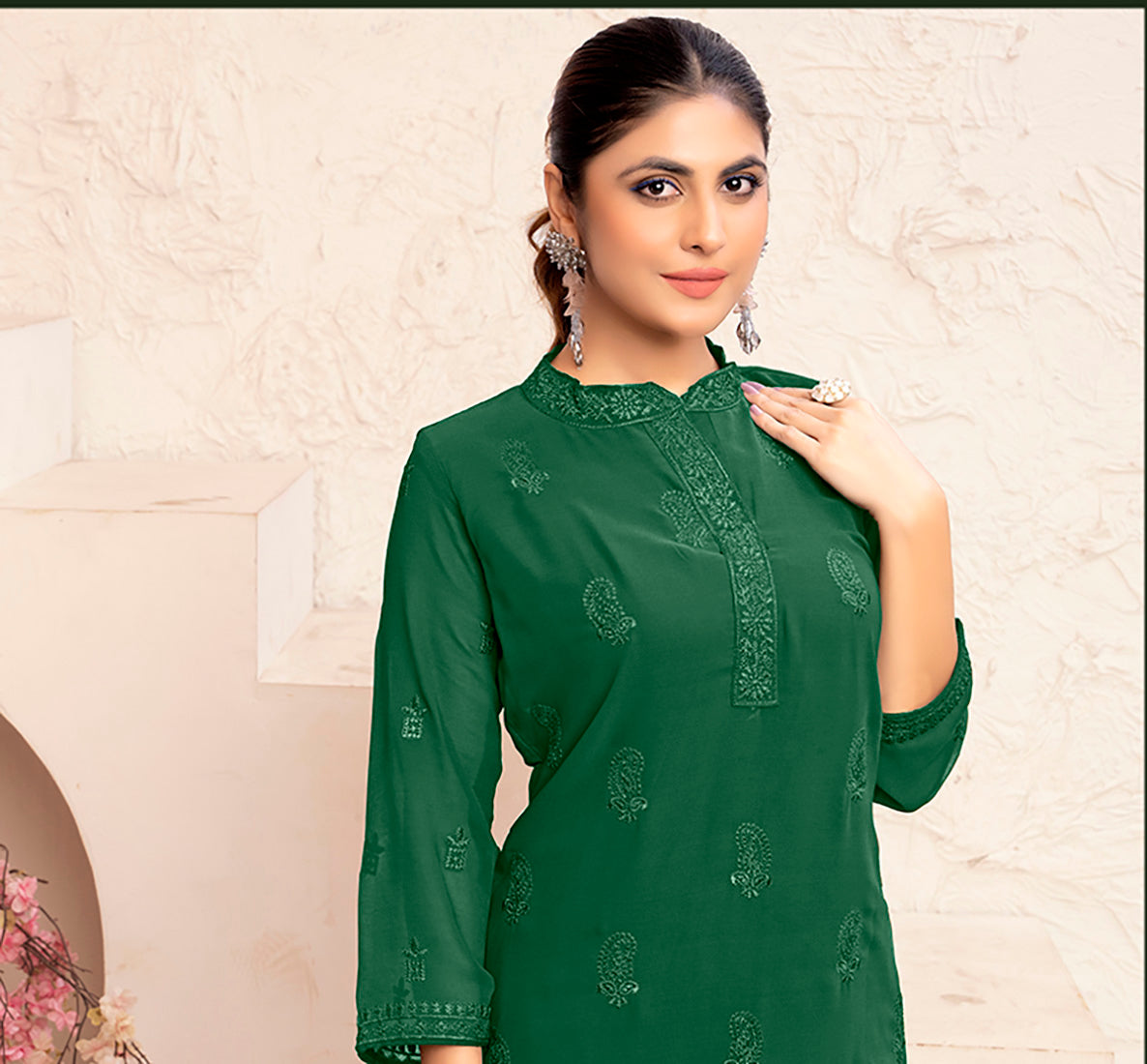 Monjolika Fashion Dark Green Georgette Embroidered Work Party Pant Style Suit