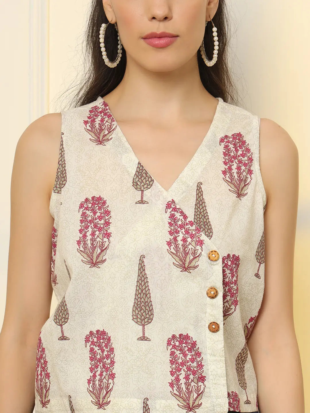 Yufta White And Pink Cotton Sleeve Less Wrap Top  Grab2Buy Yufta Grab2Buy