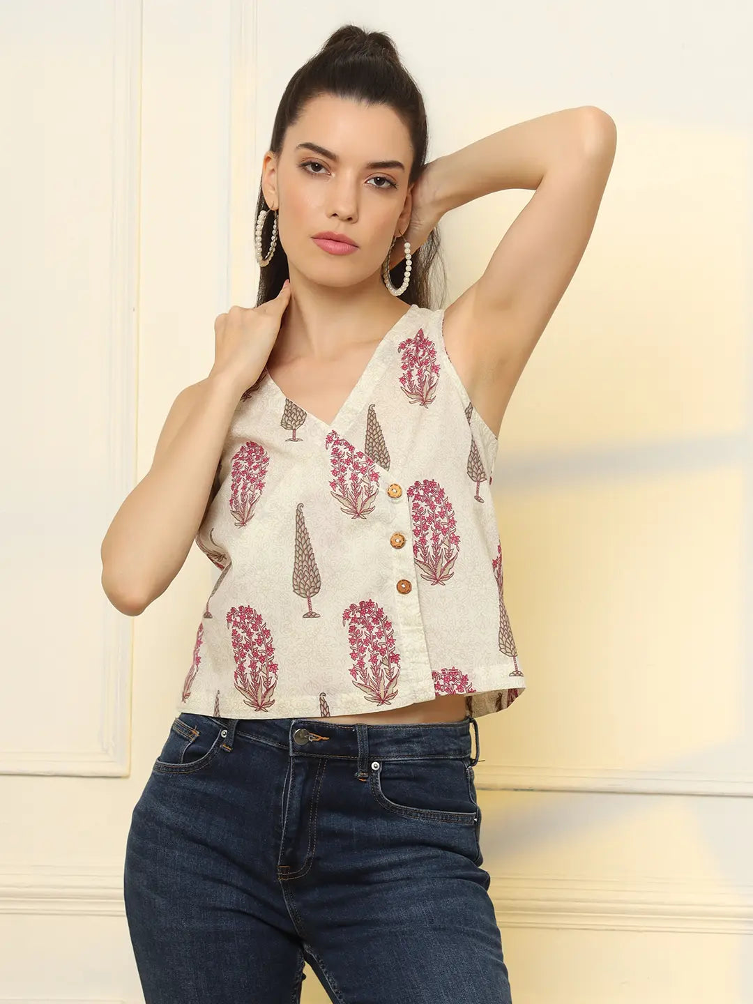 Yufta White And Pink Cotton Sleeve Less Wrap Top  Grab2Buy Yufta Grab2Buy
