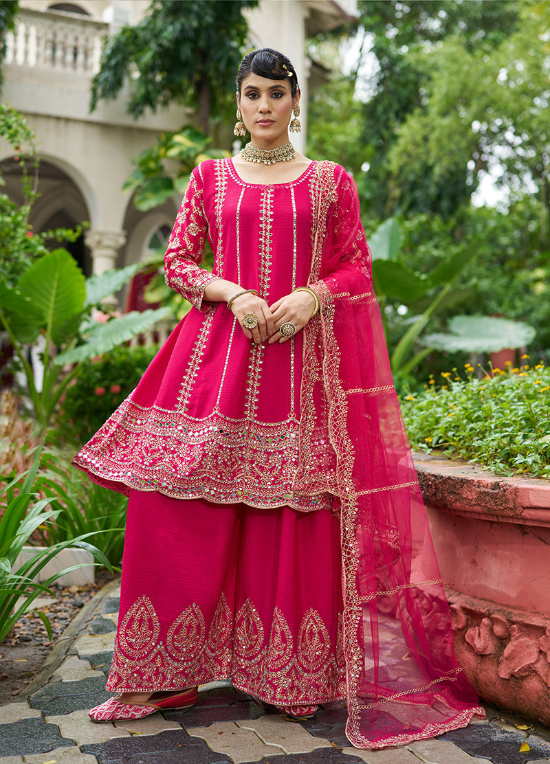 Monjolika Fashion Rani Pink Embroidered Chinnon Readymade Palazzo Kameez for Festival