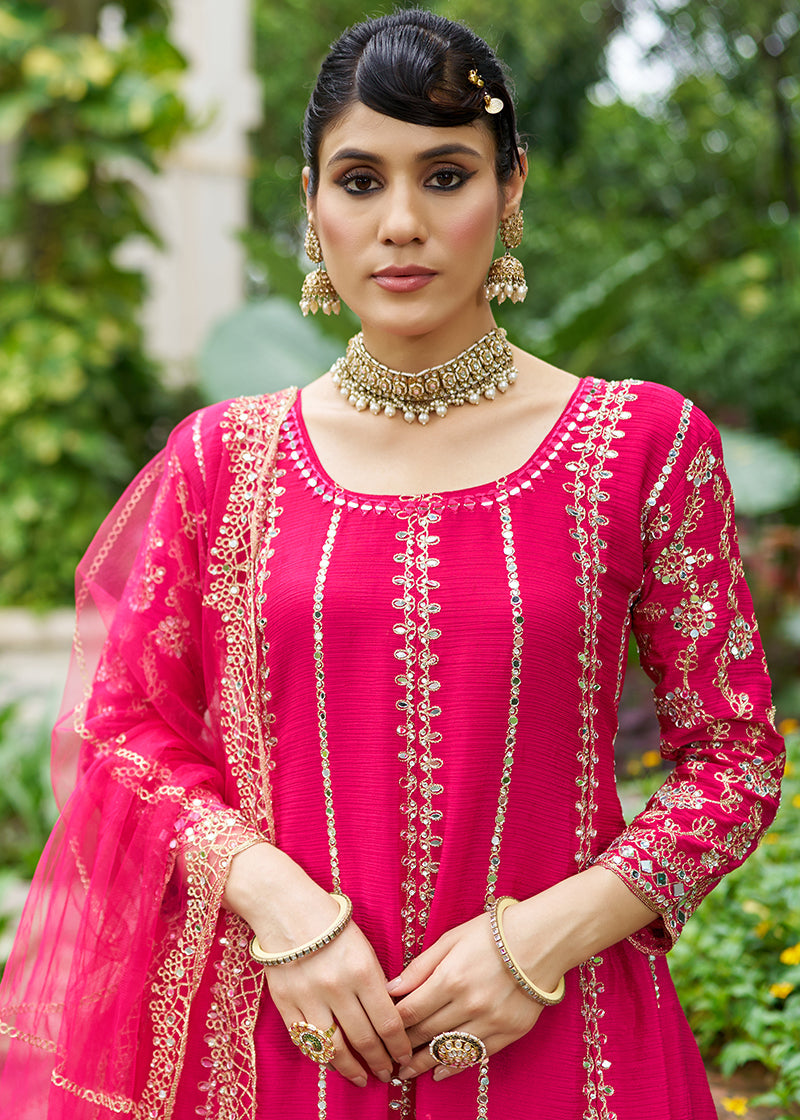 Monjolika Fashion Rani Pink Embroidered Chinnon Readymade Palazzo Kameez for Festival