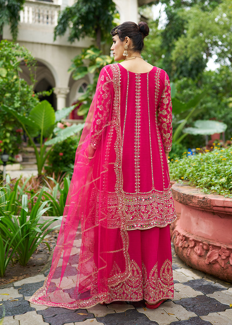 Monjolika Fashion Rani Pink Embroidered Chinnon Readymade Palazzo Kameez for Festival