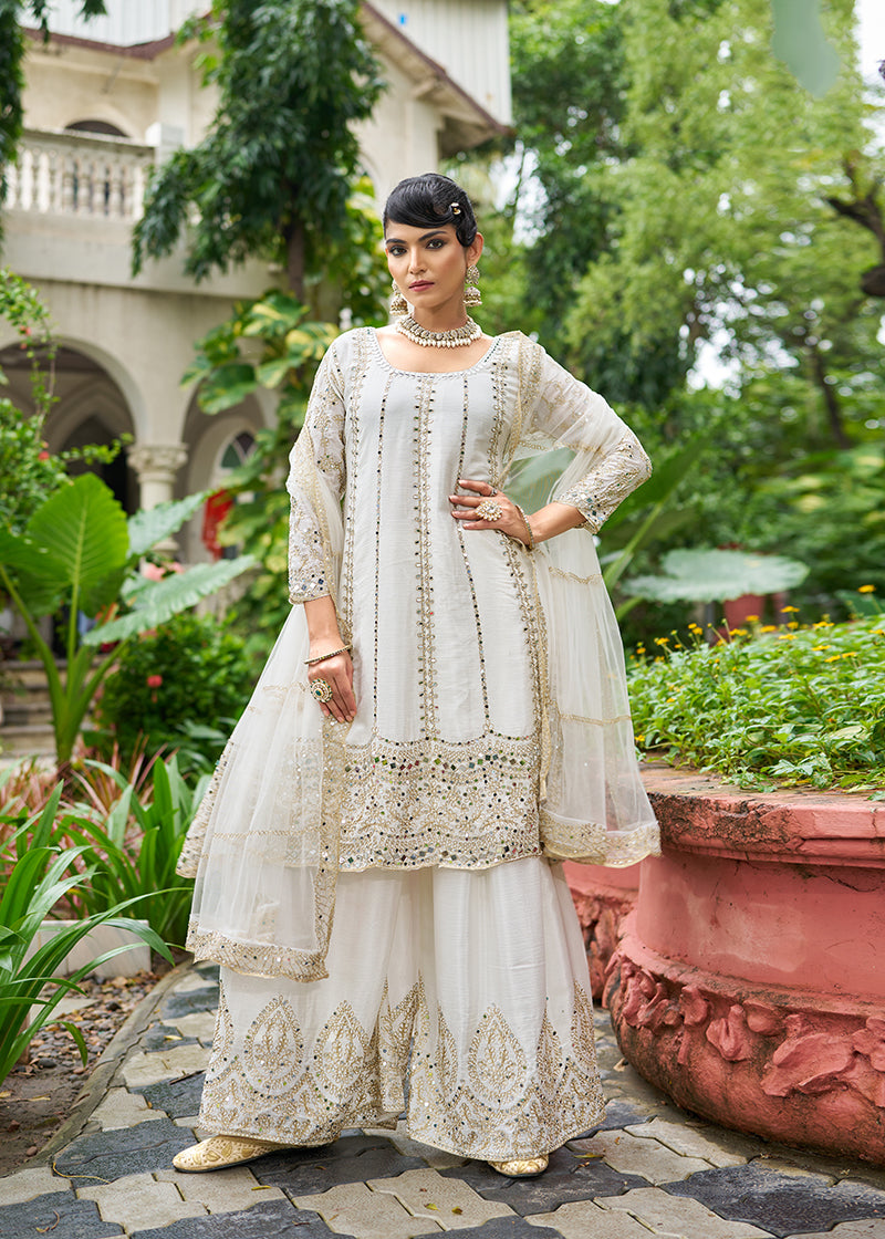Monjolika Fashion White Embroidered Chinnon Readymade Palazzo Kameez for Festival