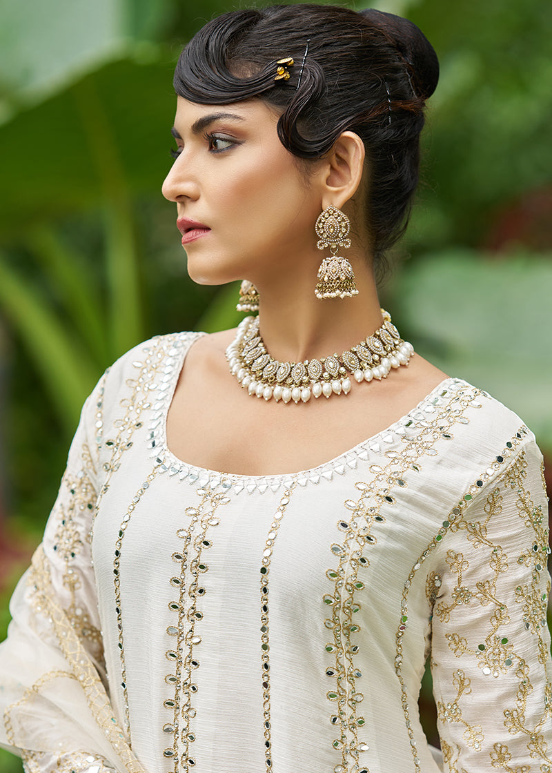 Monjolika Fashion White Embroidered Chinnon Readymade Palazzo Kameez for Festival