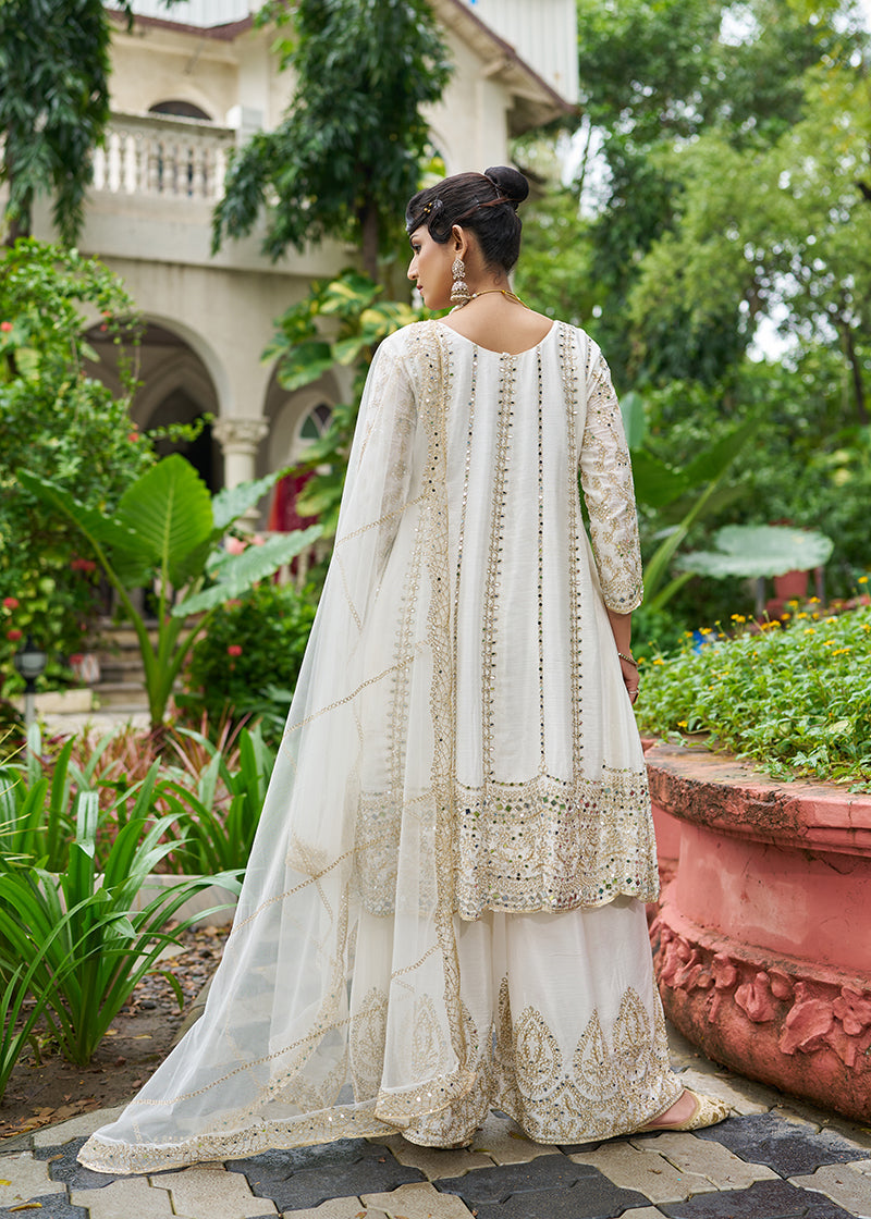 Monjolika Fashion White Embroidered Chinnon Readymade Palazzo Kameez for Festival