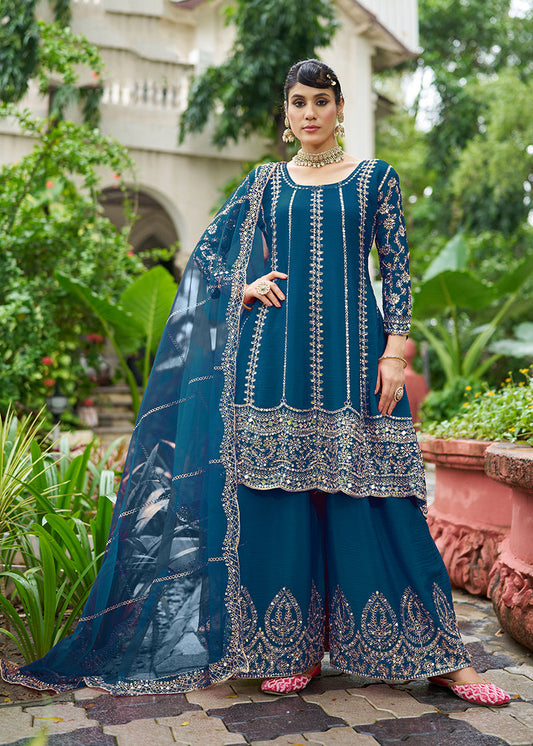 Monjolika Fashion Peacock Blue Embroidered Chinnon Readymade Palazzo Kameez for Festival
