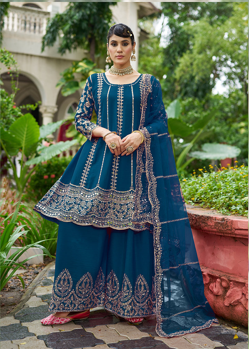 Monjolika Fashion Peacock Blue Embroidered Chinnon Readymade Palazzo Kameez for Festival