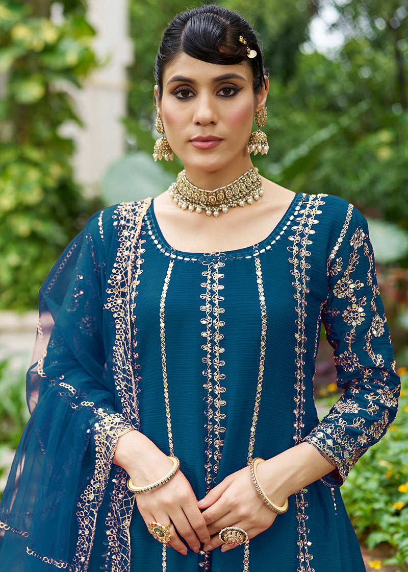 Monjolika Fashion Peacock Blue Embroidered Chinnon Readymade Palazzo Kameez for Festival