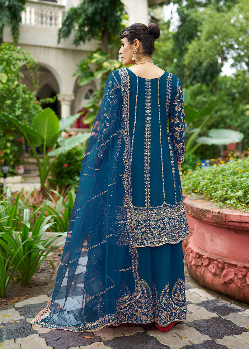 Monjolika Fashion Peacock Blue Embroidered Chinnon Readymade Palazzo Kameez for Festival