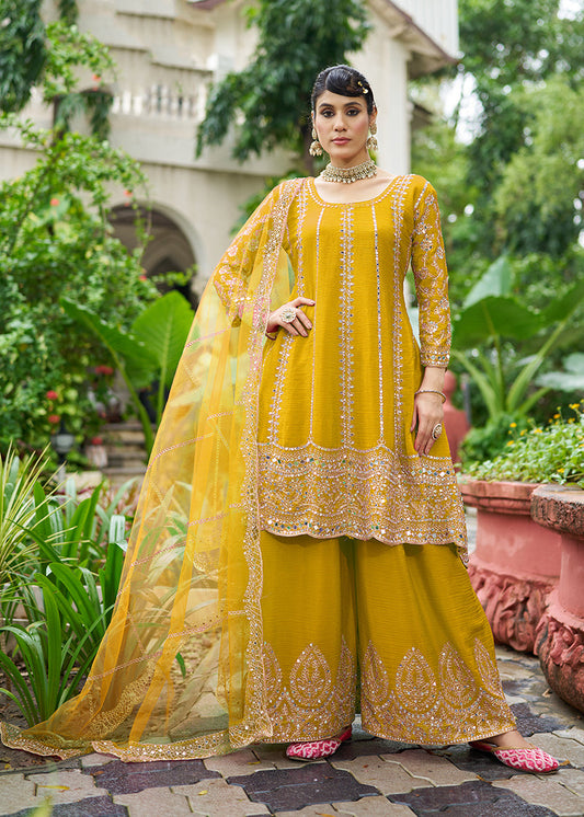 Monjolika Fashion Mustard Embroidered Chinnon Readymade Palazzo Kameez for Festival