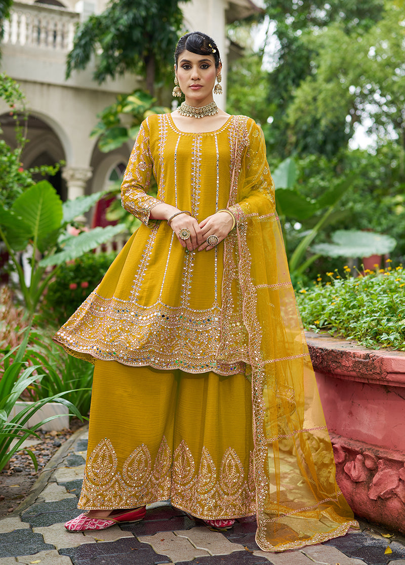 Monjolika Fashion Mustard Embroidered Chinnon Readymade Palazzo Kameez for Festival