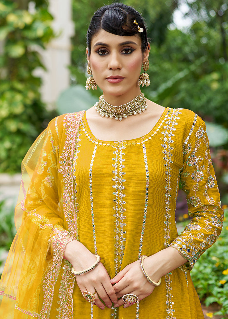 Monjolika Fashion Mustard Embroidered Chinnon Readymade Palazzo Kameez for Festival