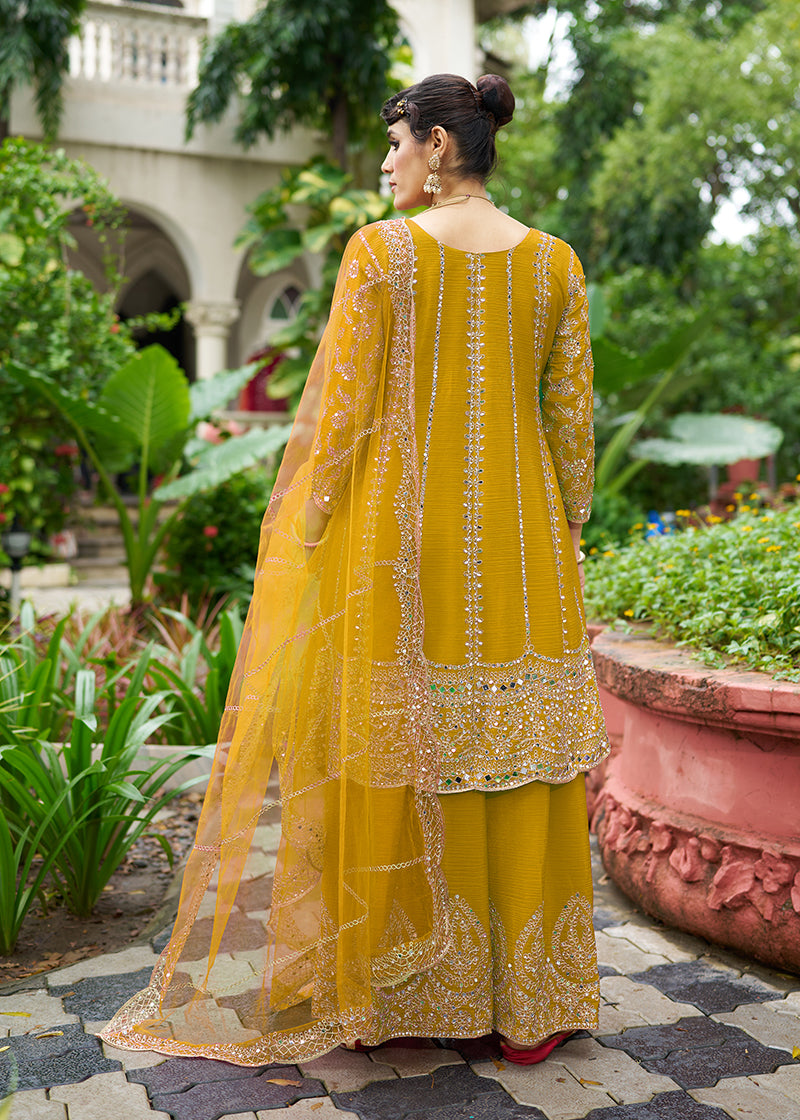 Monjolika Fashion Mustard Embroidered Chinnon Readymade Palazzo Kameez for Festival