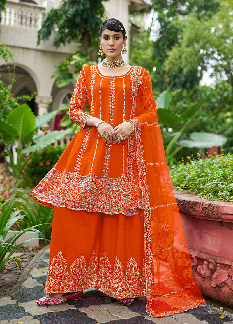 Monjolika Fashion Orange Embroidered Chinnon Readymade Palazzo Kameez for Festival