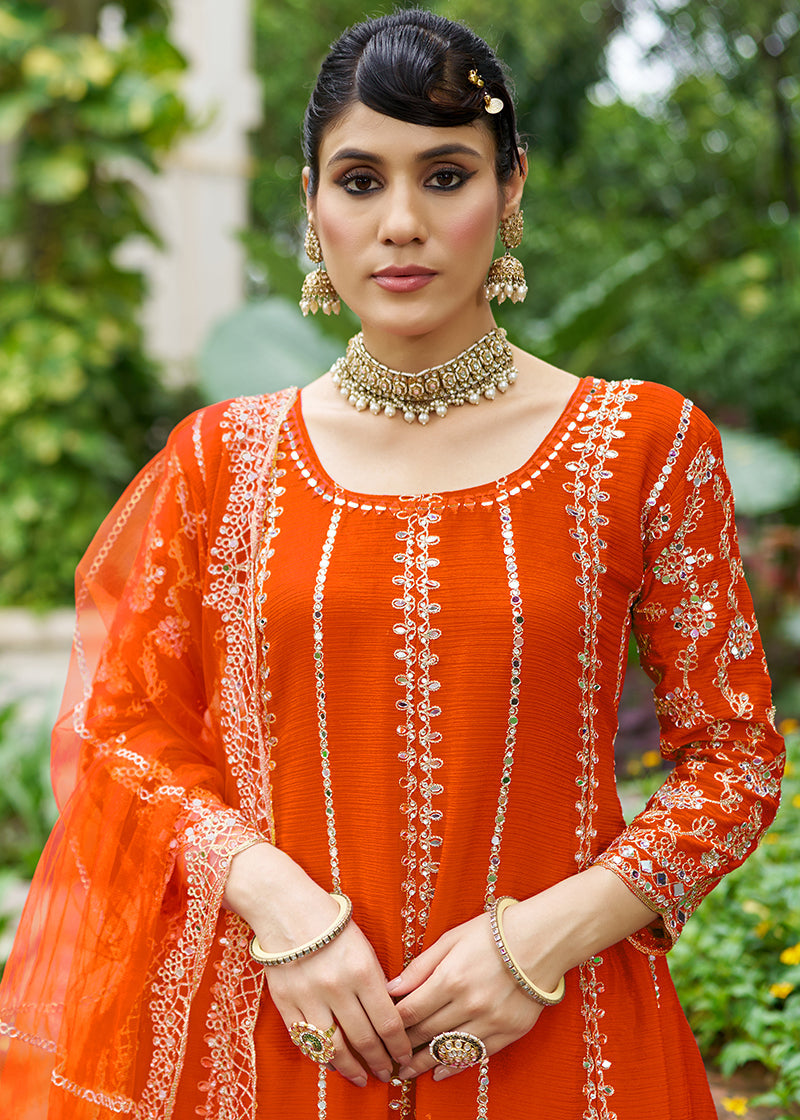 Monjolika Fashion Orange Embroidered Chinnon Readymade Palazzo Kameez for Festival