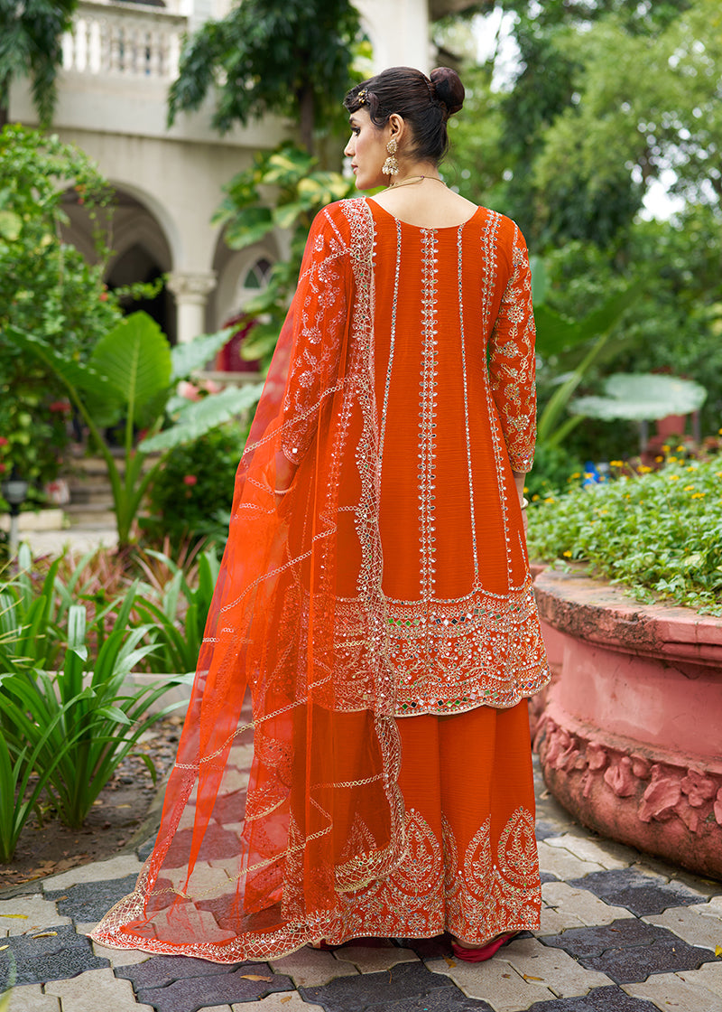 Monjolika Fashion Orange Embroidered Chinnon Readymade Palazzo Kameez for Festival