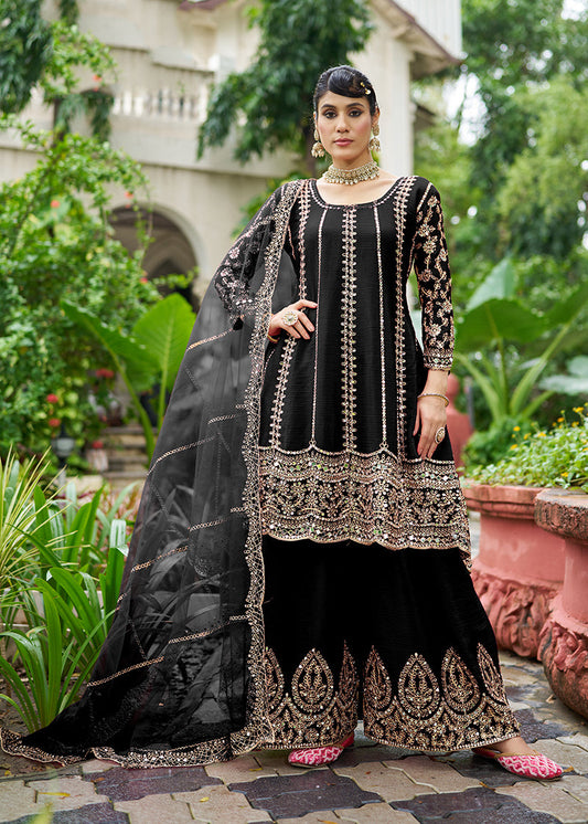 Monjolika Fashion Black Embroidered Chinnon Readymade Palazzo Kameez for Festival