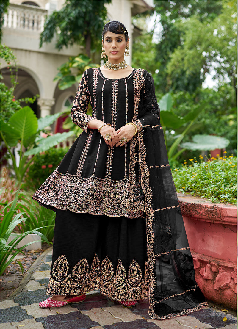 Monjolika Fashion Black Embroidered Chinnon Readymade Palazzo Kameez for Festival