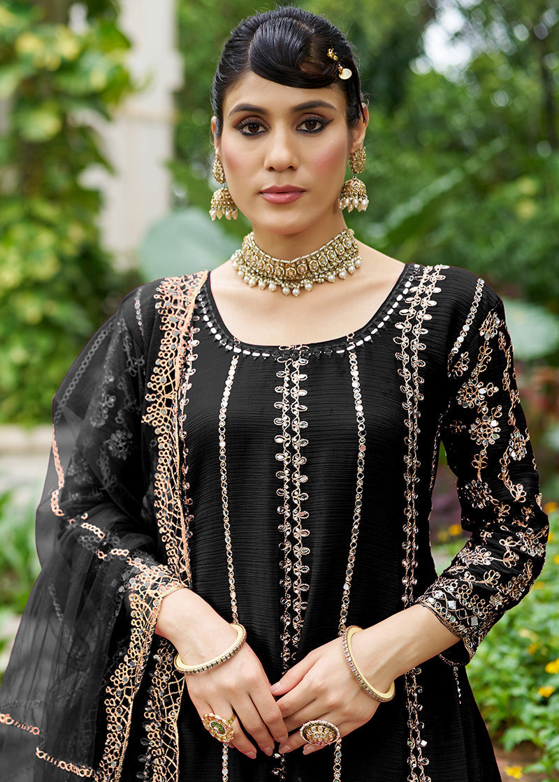 Monjolika Fashion Black Embroidered Chinnon Readymade Palazzo Kameez for Festival