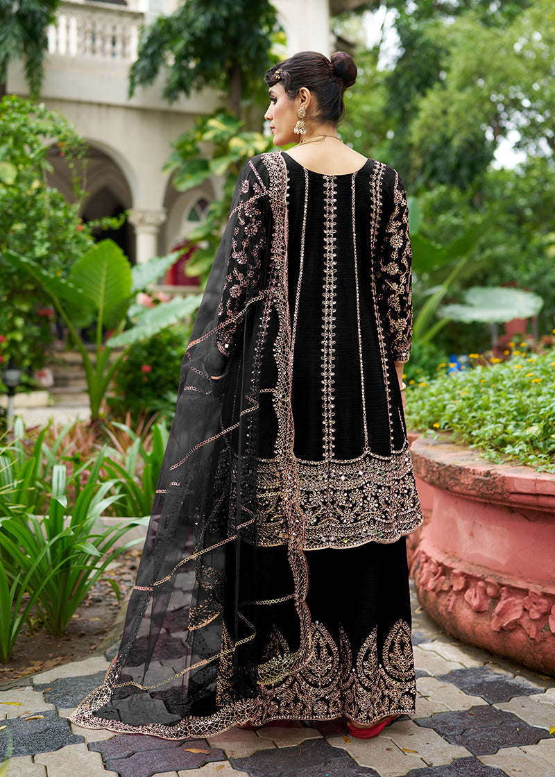 Monjolika Fashion Black Embroidered Chinnon Readymade Palazzo Kameez for Festival