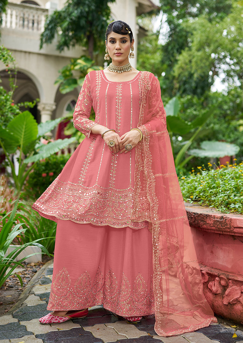 Monjolika Fashion Pink Embroidered Chinnon Readymade Palazzo Kameez for Festival