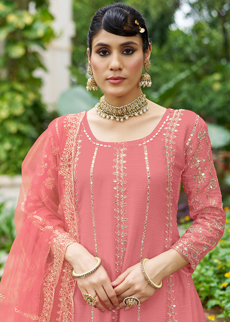 Monjolika Fashion Pink Embroidered Chinnon Readymade Palazzo Kameez for Festival