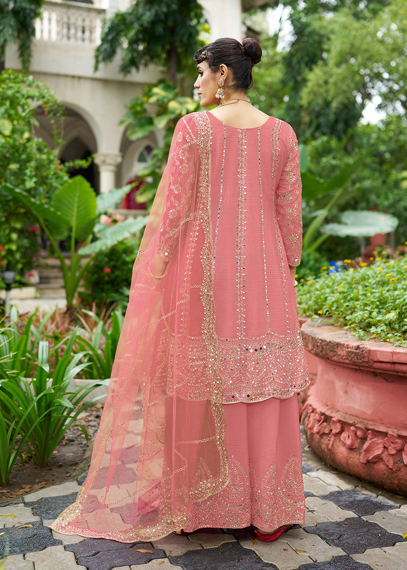 Monjolika Fashion Pink Embroidered Chinnon Readymade Palazzo Kameez for Festival
