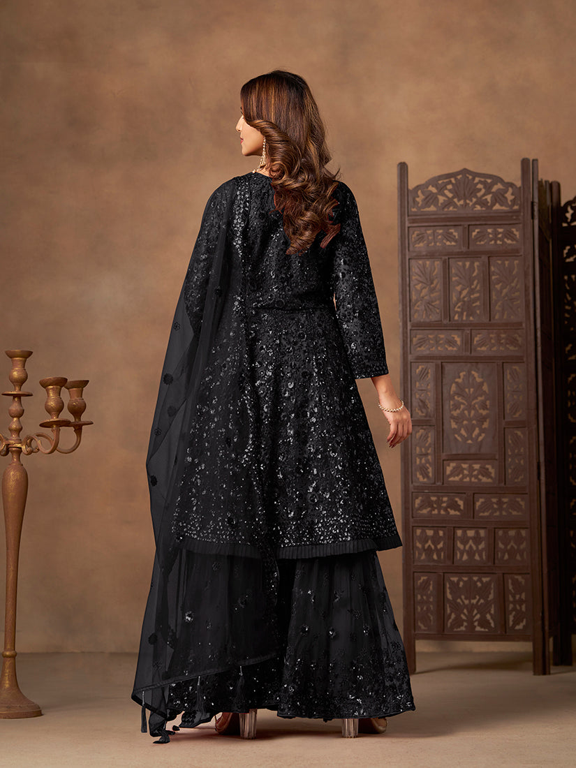 Monjolika Fashion Black Embroidered Net Party Palazzo Salwar Suit