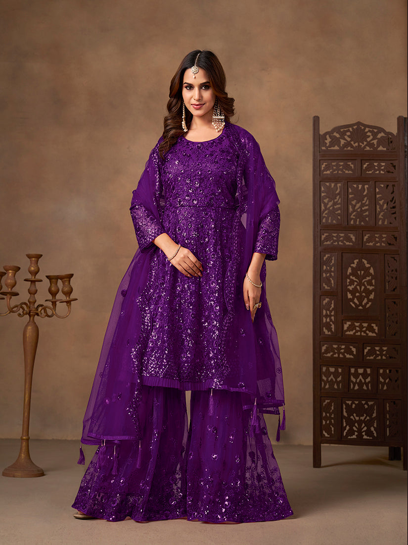 Monjolika Fashion Purple Embroidered Net Party Palazzo Salwar Suit
