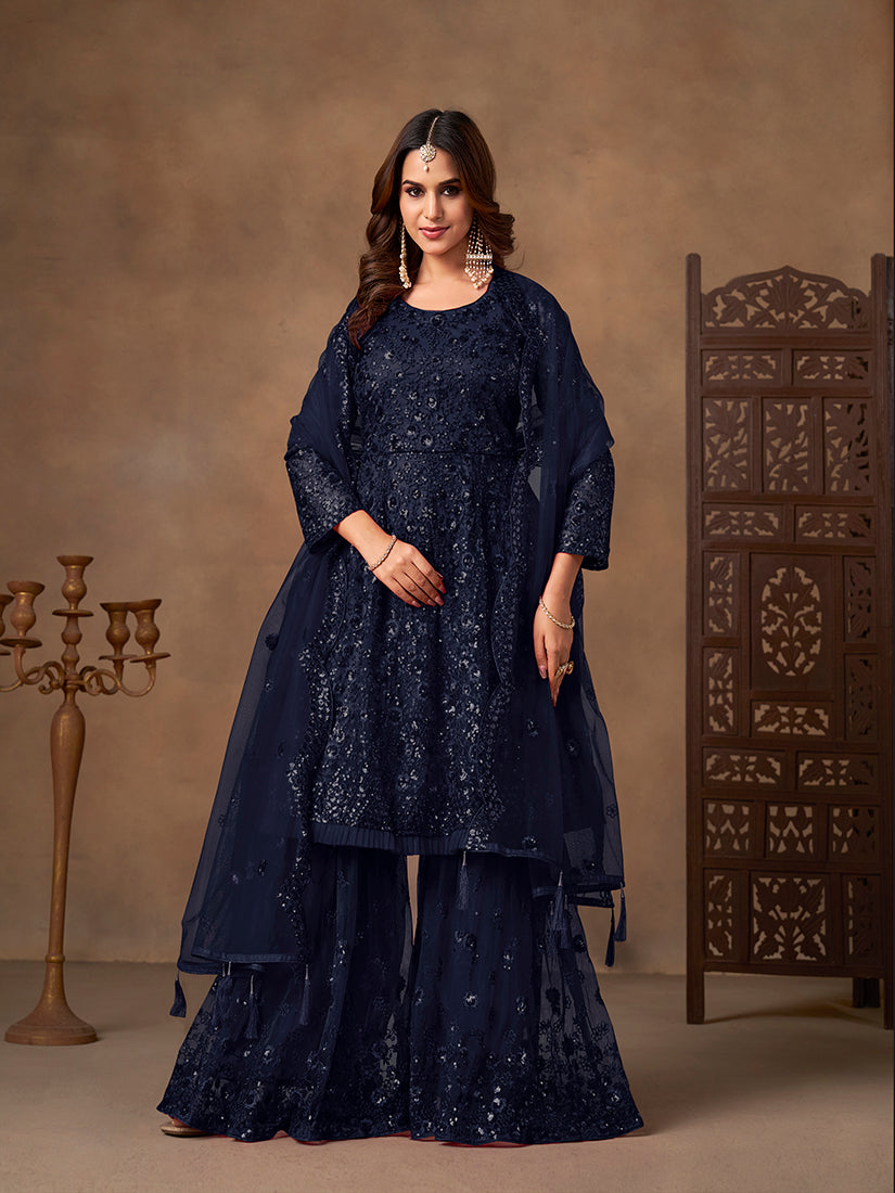 Monjolika Fashion Navy Blue Embroidered Net Party Palazzo Salwar Suit