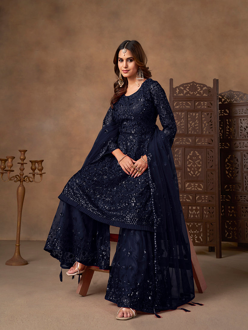 Monjolika Fashion Navy Blue Embroidered Net Party Palazzo Salwar Suit
