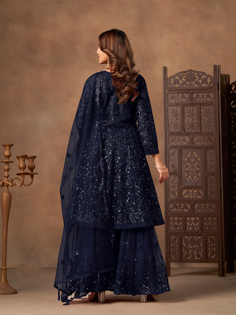 Monjolika Fashion Navy Blue Embroidered Net Party Palazzo Salwar Suit