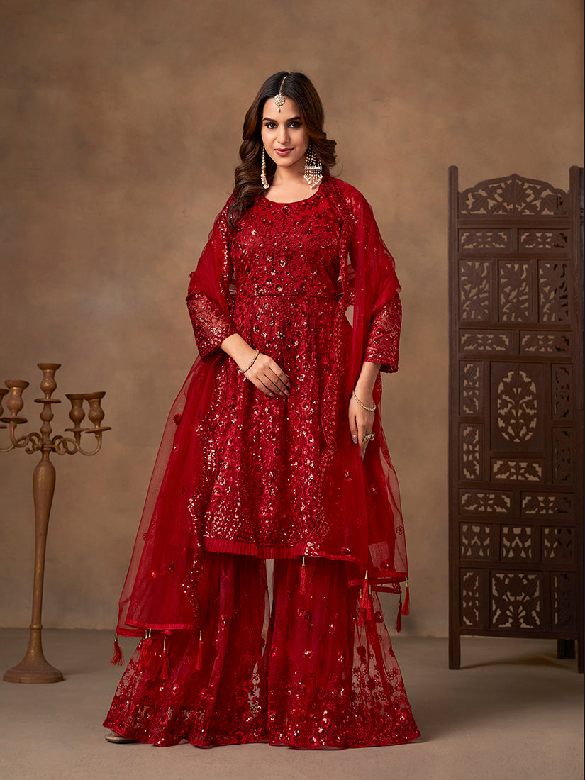 Monjolika Fashion Red Embroidered Net Party Palazzo Salwar Suit