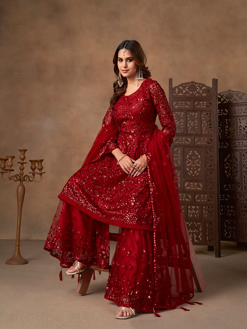 Monjolika Fashion Red Embroidered Net Party Palazzo Salwar Suit