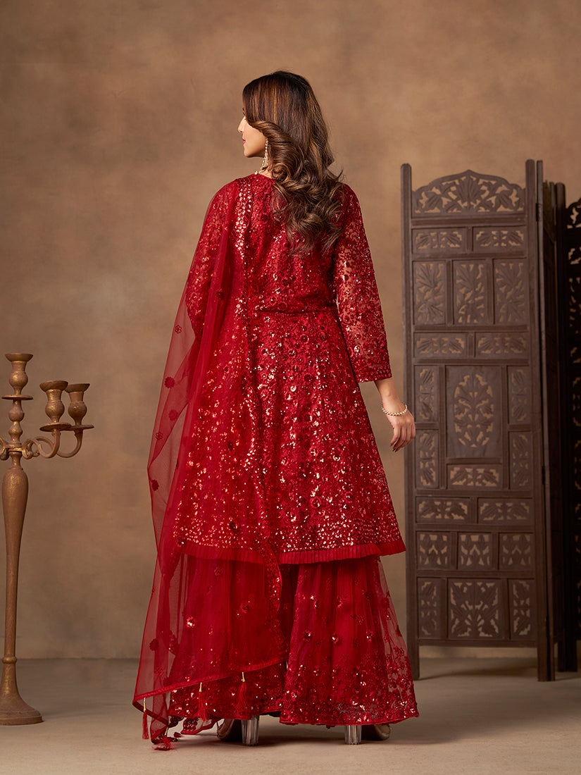 Monjolika Fashion Red Embroidered Net Party Palazzo Salwar Suit